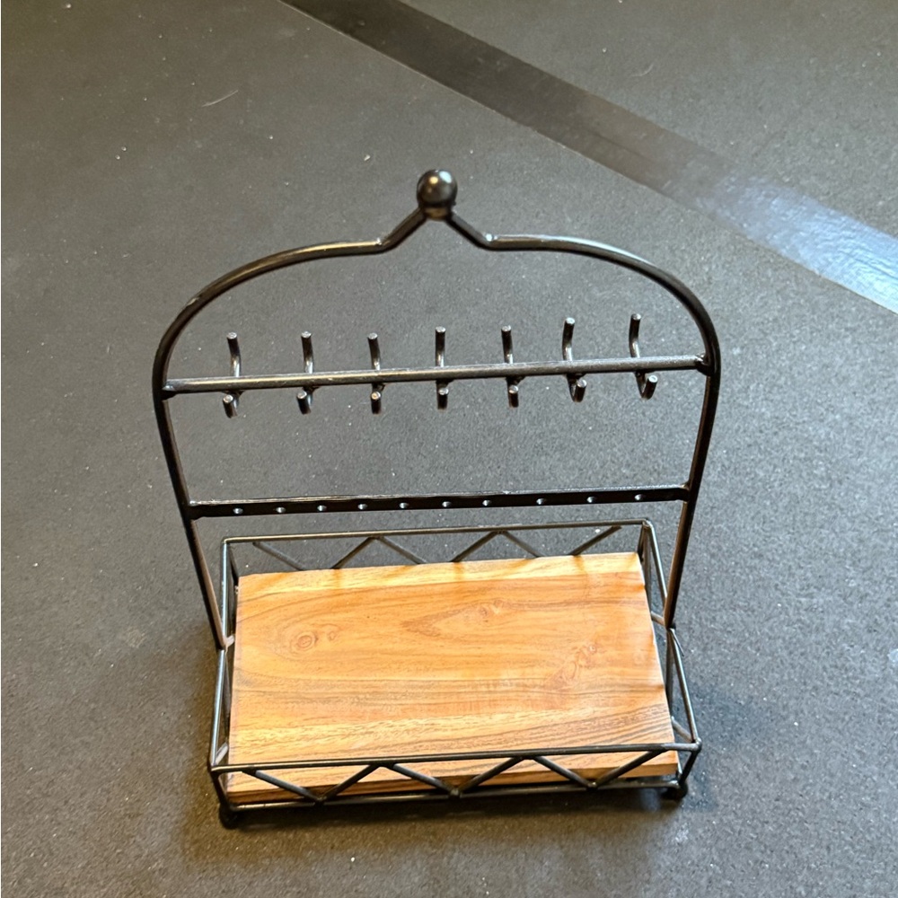 Black Metal Jewelry Holder with Wooden Base